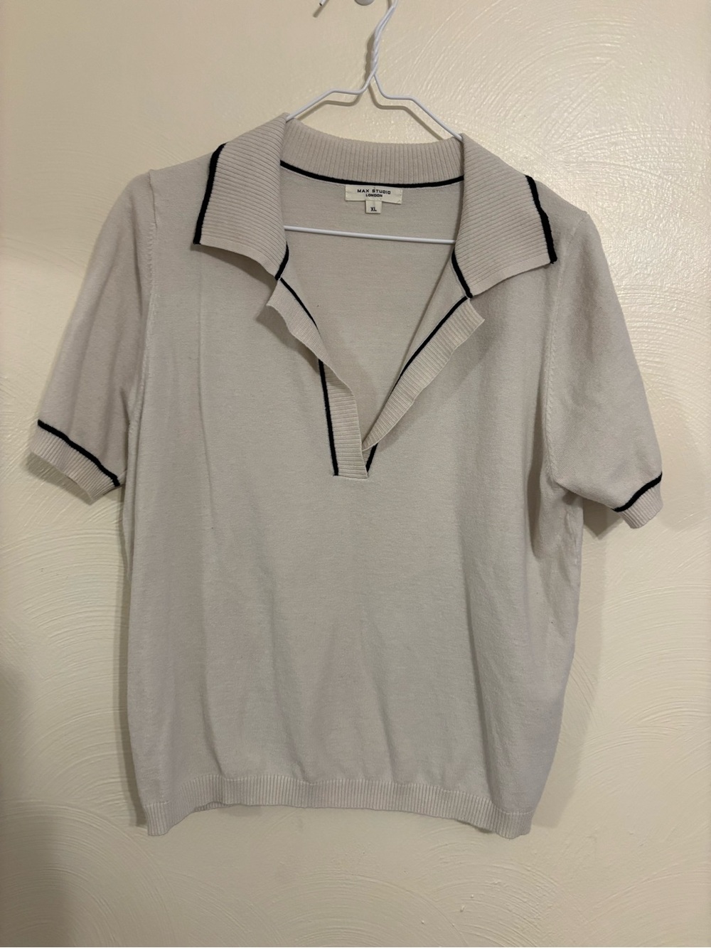 Max Studio London XL Knit Polo Sweater Top Cream Black Trim Short Sleeve